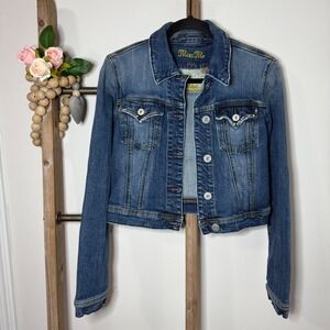 Miss Me Denim Jacket Embellished Rhinestone Cross Rock Cropped Blue Size Large